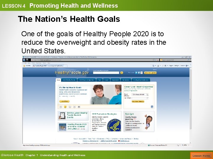 LESSON 4 Promoting Health and Wellness The Nation’s Health Goals One of the goals