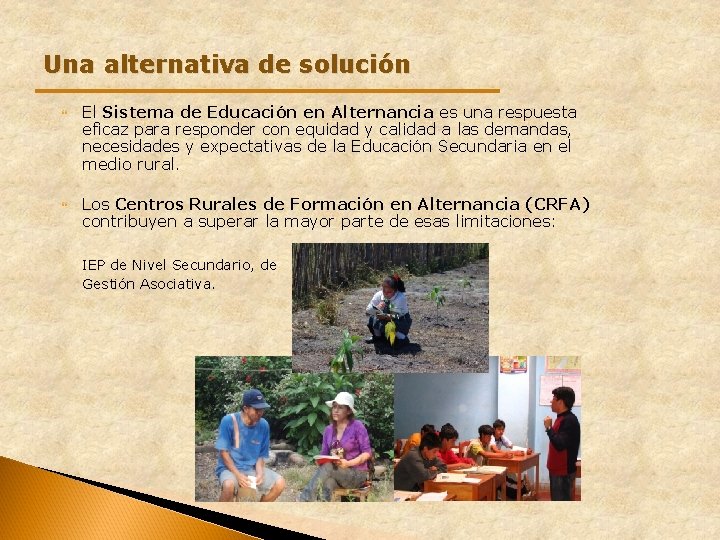Una alternativa de solución El Sistema de Educación en Alternancia es una respuesta eficaz Una alternativa de solución El Sistema de Educación en Alternancia es una respuesta eficaz