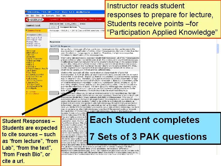 Instructor reads student responses to prepare for lecture, Students receive points –for “Participation Applied