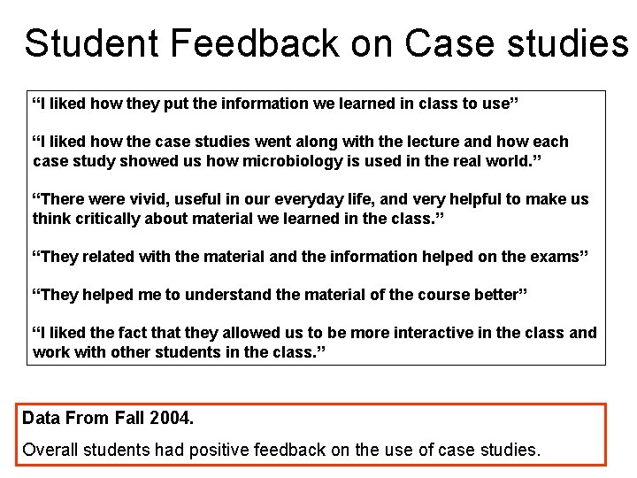 Student Feedback on Case studies “I liked how they put the information we learned