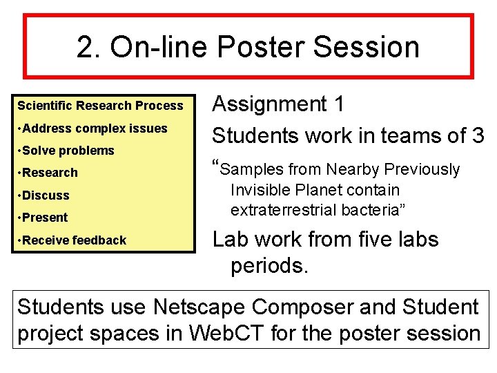 2. On-line Poster Session Scientific Research Process • Address complex issues • Solve problems