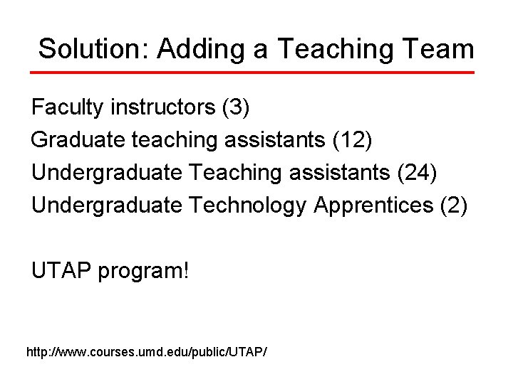 Solution: Adding a Teaching Team Faculty instructors (3) Graduate teaching assistants (12) Undergraduate Teaching