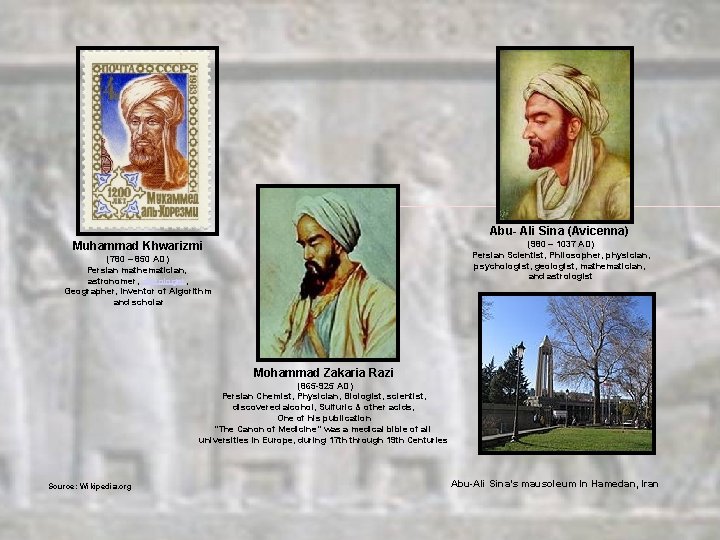 Abu- Ali Sina (Avicenna) (980 – 1037 AD) Persian Scientist, Philosopher, physician, psychologist, geologist,