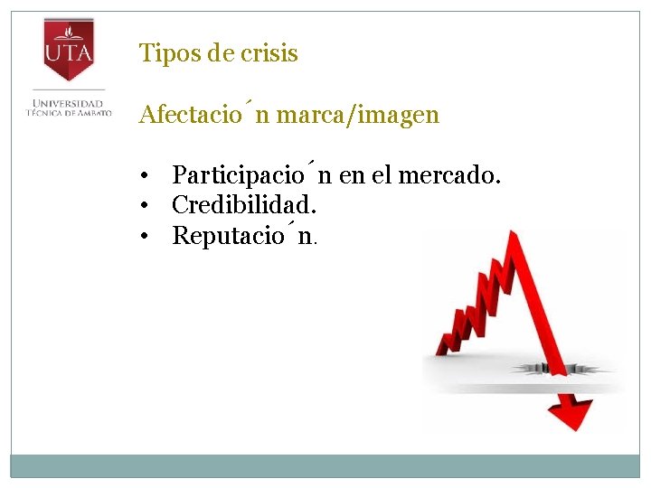 Tipos de crisis Afectacio n marca/imagen • Participacio n en el mercado. • Credibilidad.