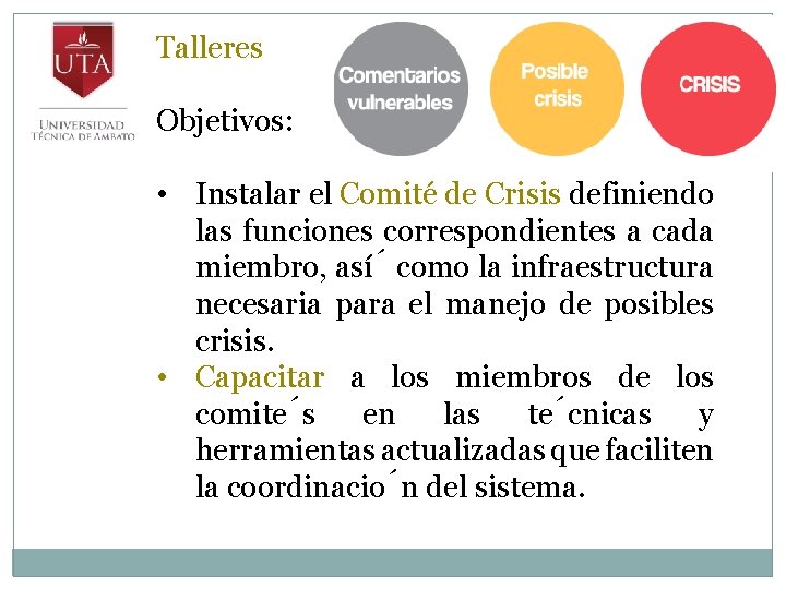 Talleres Objetivos: • Instalar el Comité de Crisis definiendo las funciones correspondientes a cada