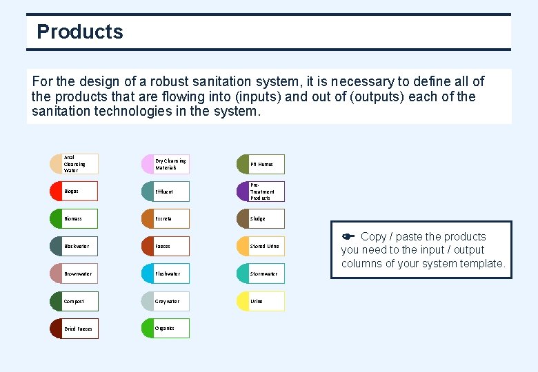 Products For the design of a robust sanitation system, it is necessary to define