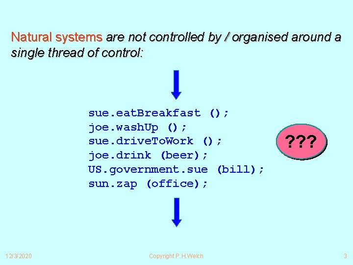 Natural systems are not controlled by / organised around a single thread of control: