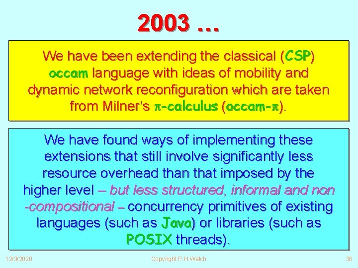 2003 … We have been extending the classical (CSP) occam language with ideas of