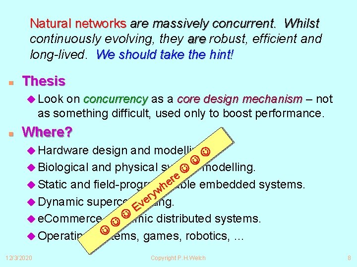 Natural networks are massively concurrent. Whilst continuously evolving, they are robust, efficient and long-lived.