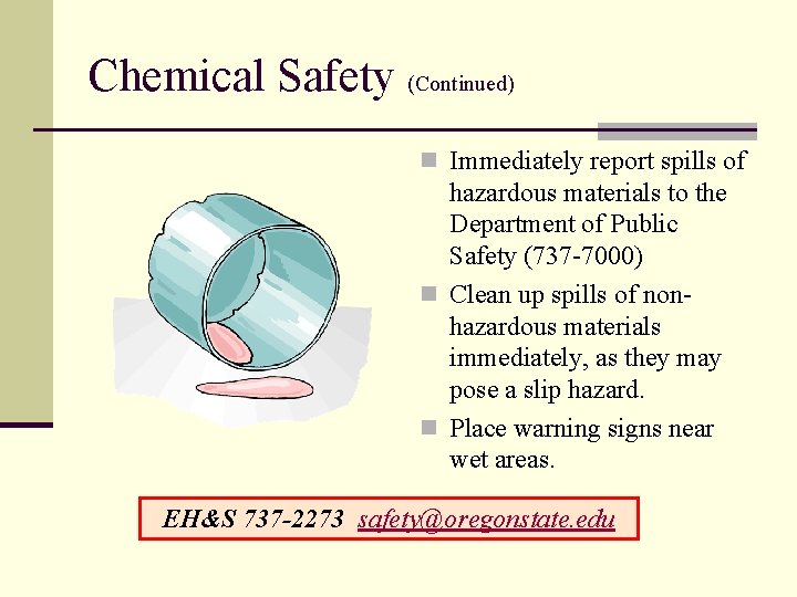 Chemical Safety (Continued) n Immediately report spills of hazardous materials to the Department of