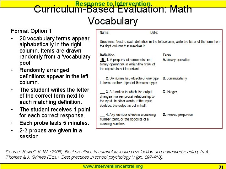 Response to Intervention Curriculum-Based Evaluation: Math Vocabulary Format Option 1 • 20 vocabulary terms