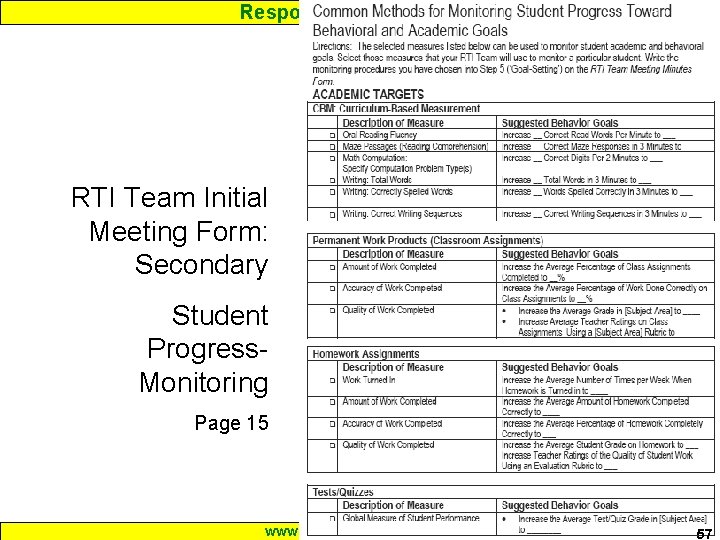 Response to Intervention RTI Team Initial Meeting Form: Secondary Student Progress. Monitoring Page 15