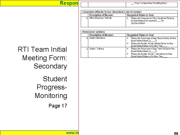 Response to Intervention RTI Team Initial Meeting Form: Secondary Student Progress. Monitoring Page 17