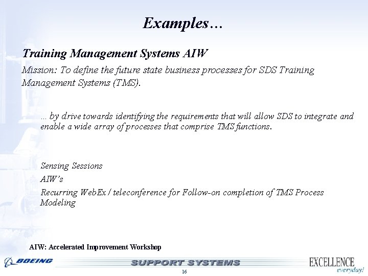 Examples… Training Management Systems AIW Mission: To define the future state business processes for Examples… Training Management Systems AIW Mission: To define the future state business processes for