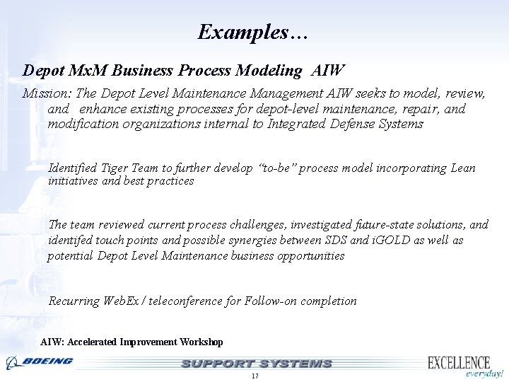Examples… Depot Mx. M Business Process Modeling AIW Mission: The Depot Level Maintenance Management Examples… Depot Mx. M Business Process Modeling AIW Mission: The Depot Level Maintenance Management