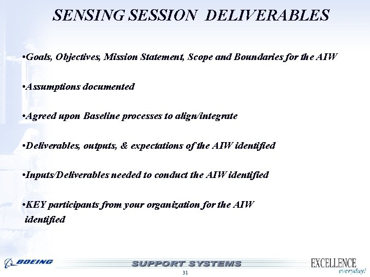 SENSING SESSION DELIVERABLES • Goals, Objectives, Mission Statement, Scope and Boundaries for the AIW SENSING SESSION DELIVERABLES • Goals, Objectives, Mission Statement, Scope and Boundaries for the AIW