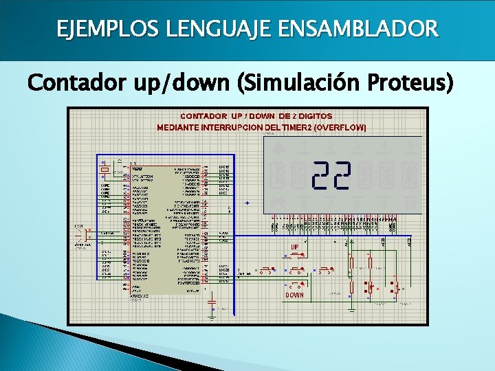 EJEMPLOS LENGUAJE ENSAMBLADOR Contador up/down (Simulación Proteus) 