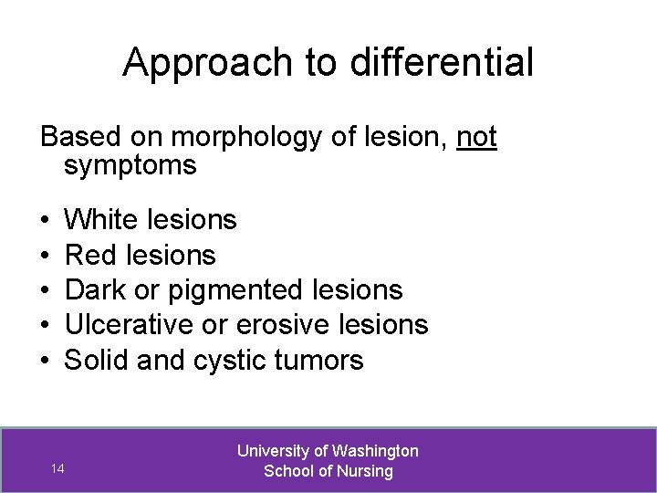 Approach to differential Based on morphology of lesion, not symptoms • • • White