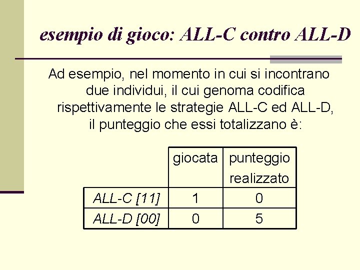 esempio di gioco: ALL-C contro ALL-D Ad esempio, nel momento in cui si incontrano