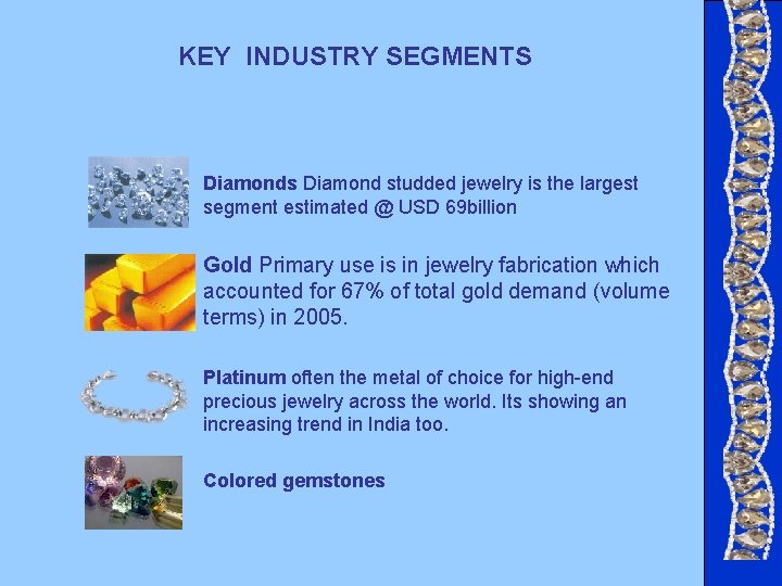 KEY INDUSTRY SEGMENTS Diamonds Diamond studded jewelry is the largest segment estimated @ USD KEY INDUSTRY SEGMENTS Diamonds Diamond studded jewelry is the largest segment estimated @ USD