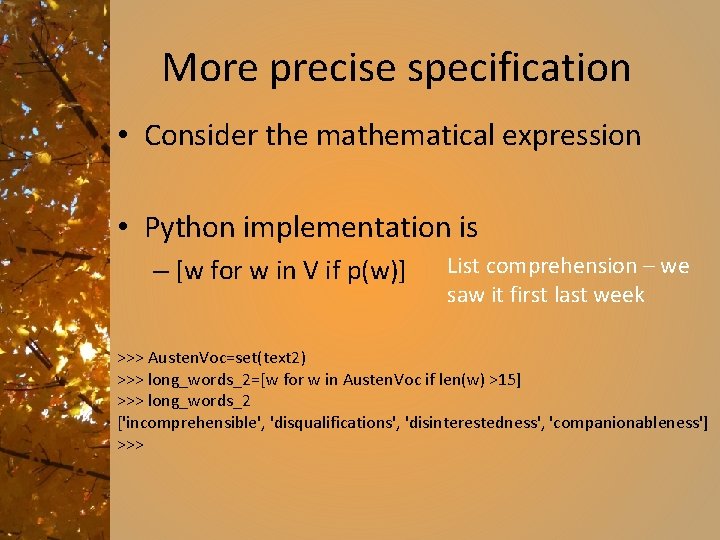 More precise specification • Consider the mathematical expression • Python implementation is – [w