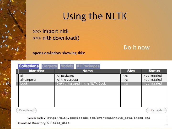 Using the NLTK >>> import nltk >>> nltk. download() opens a window showing this: