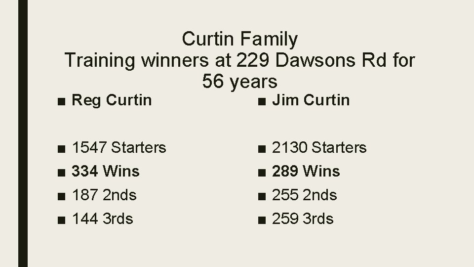 Curtin Family Training winners at 229 Dawsons Rd for 56 years ■ Reg Curtin