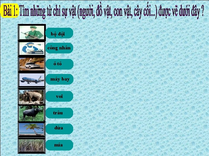 bộ đội công nhân ô tô máy bay voi trâu dừa mía 