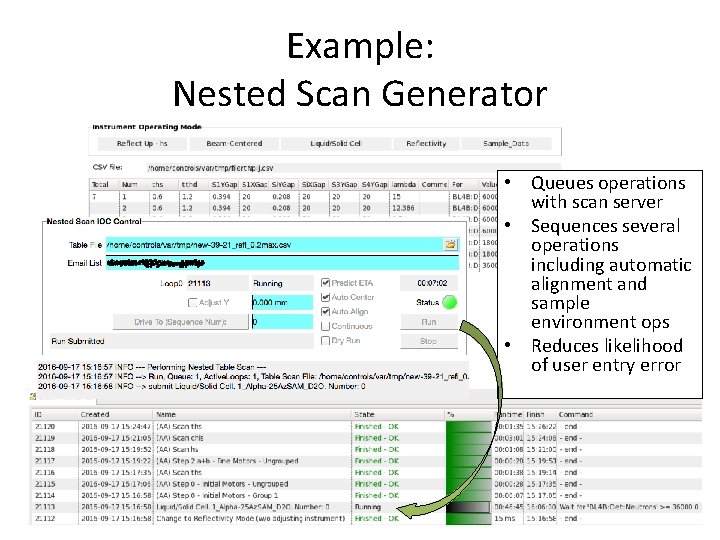 Example: Nested Scan Generator • Queues operations with scan server • Sequences several operations Example: Nested Scan Generator • Queues operations with scan server • Sequences several operations