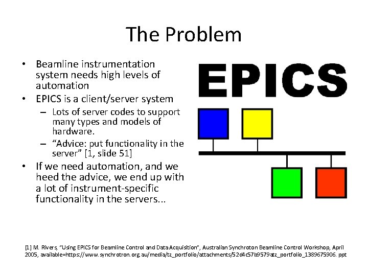 The Problem • Beamline instrumentation system needs high levels of automation • EPICS is