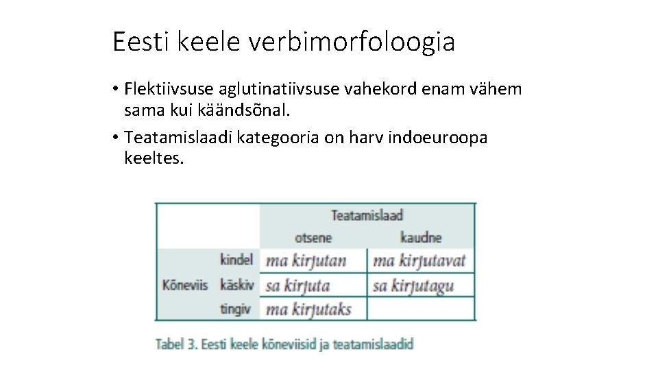 Eesti keele verbimorfoloogia • Flektiivsuse aglutinatiivsuse vahekord enam vähem sama kui käändsõnal. • Teatamislaadi