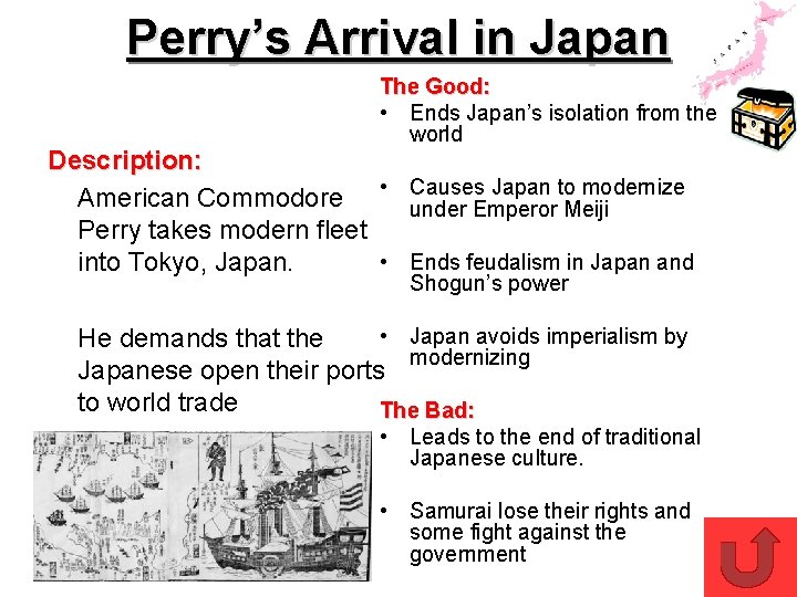 Perry’s Arrival in Japan The Good: • Ends Japan’s isolation from the world Description:
