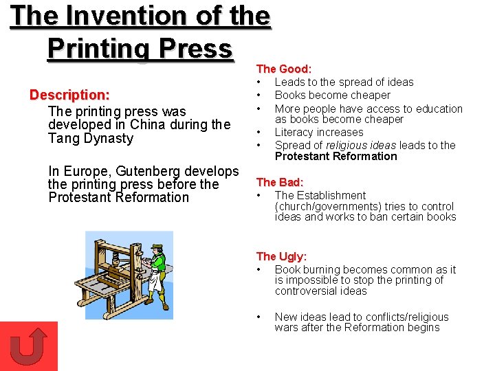 The Invention of the Printing Press Description: The printing press was developed in China