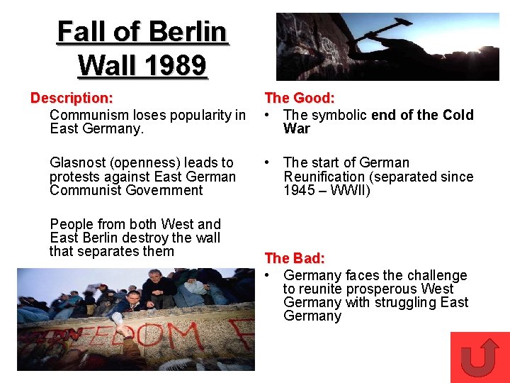 Fall of Berlin Wall 1989 Description: Communism loses popularity in East Germany. Glasnost (openness)