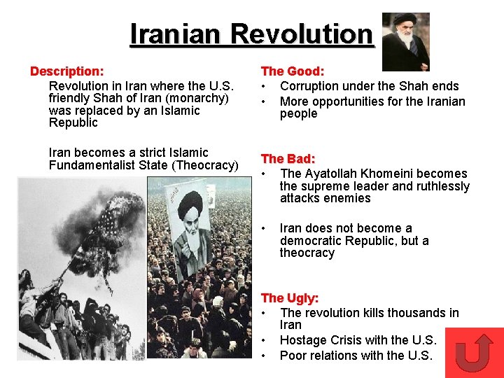 Iranian Revolution Description: Revolution in Iran where the U. S. friendly Shah of Iran