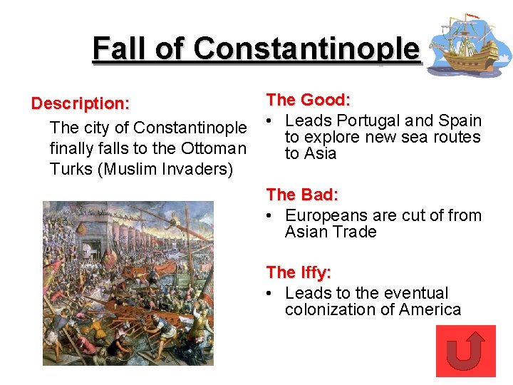 Fall of Constantinople Description: The city of Constantinople finally falls to the Ottoman Turks