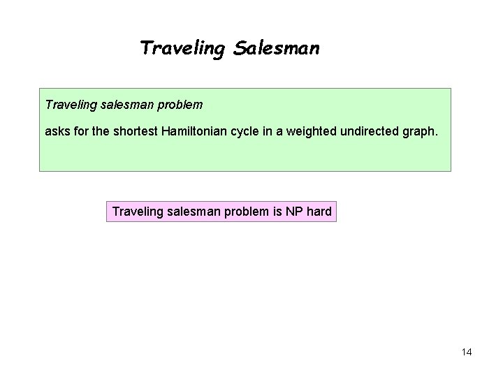 Traveling Salesman Traveling salesman problem asks for the shortest Hamiltonian cycle in a weighted