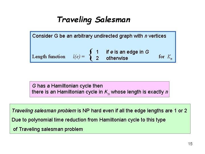 Traveling Salesman Consider G be an arbitrary undirected graph with n vertices Length function