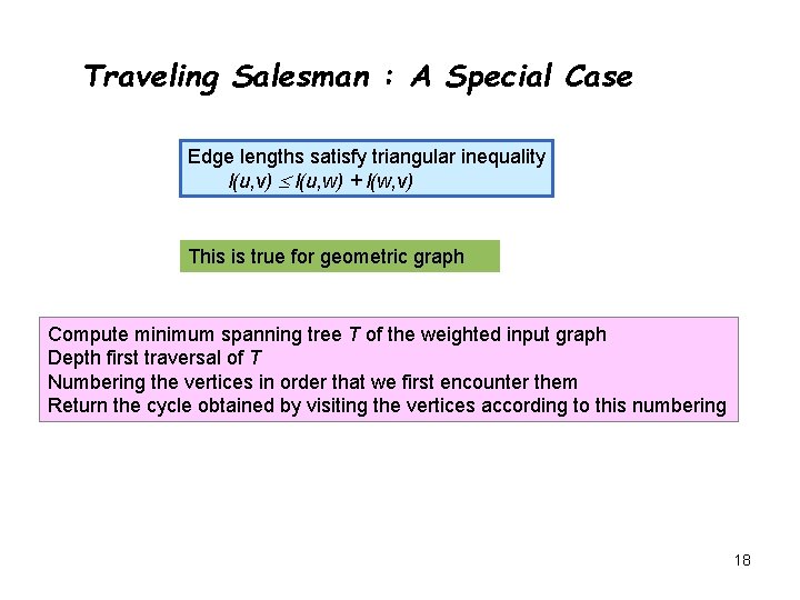 Traveling Salesman : A Special Case Edge lengths satisfy triangular inequality l(u, v) l(u,