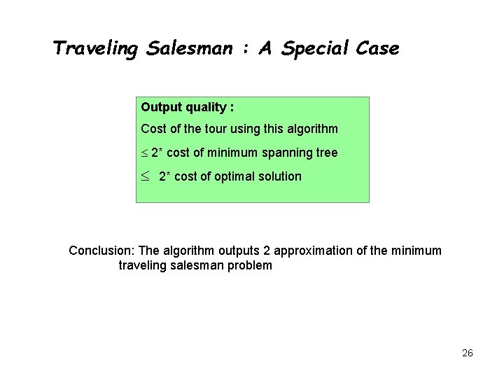 Traveling Salesman : A Special Case Output quality : Cost of the tour using