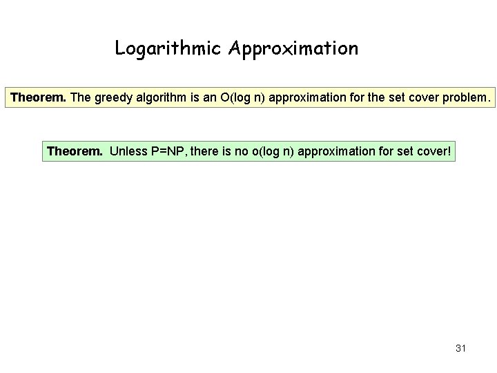 Logarithmic Approximation Theorem. The greedy algorithm is an O(log n) approximation for the set