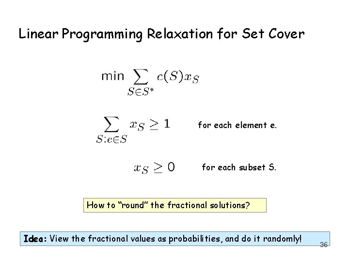 Linear Programming Relaxation for Set Cover for each element e. for each subset S.