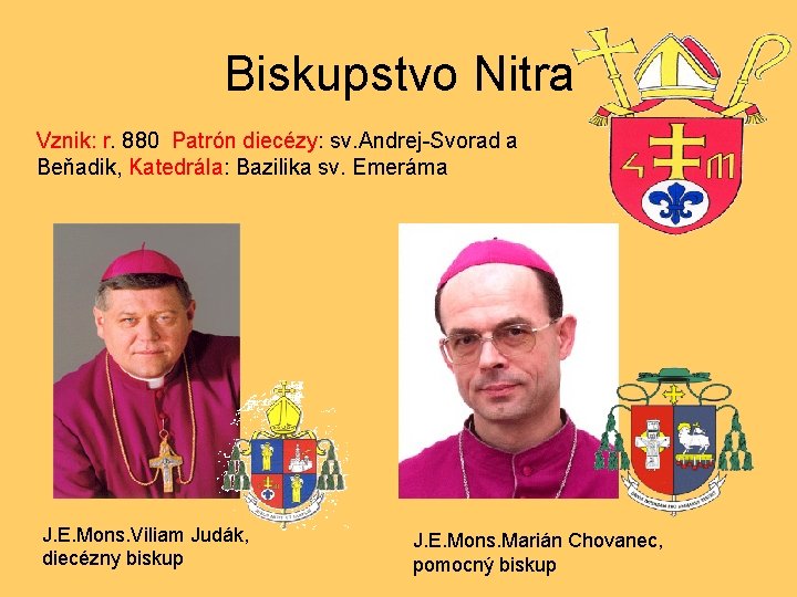 Biskupstvo Nitra Vznik: r. 880 Patrón diecézy: sv. Andrej-Svorad a Beňadik, Katedrála: Bazilika sv.