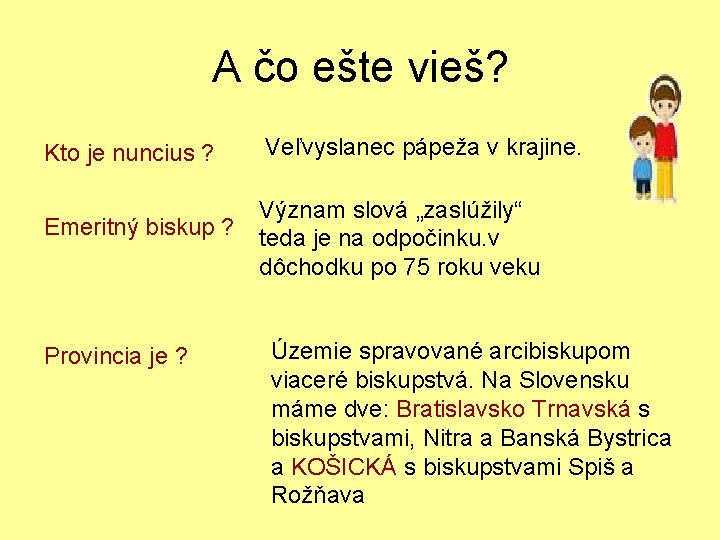 A čo ešte vieš? Kto je nuncius ? Veľvyslanec pápeža v krajine. Emeritný biskup