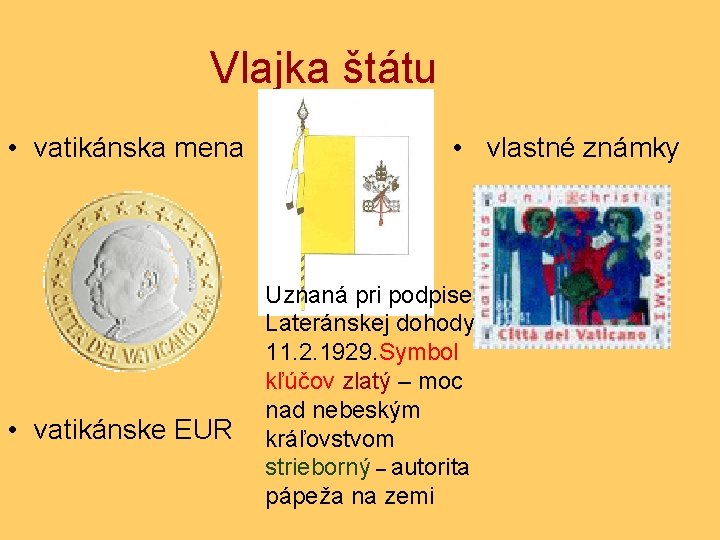 Vlajka štátu • vatikánska mena • vatikánske EUR • vlastné známky Uznaná pri podpise