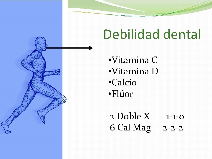 Debilidad dental • Vitamina C • Vitamina D • Calcio • Flúor 2 Doble