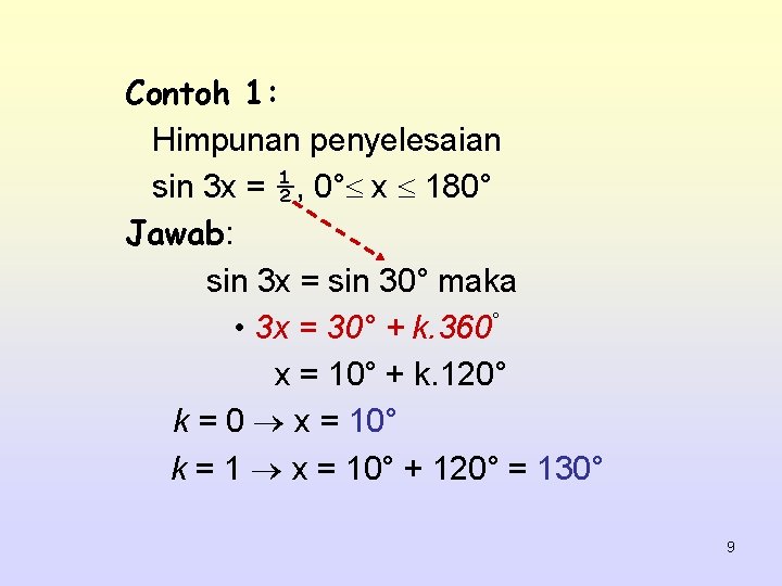 Contoh 1: Himpunan penyelesaian sin 3 x = ½, 0° x 180° Jawab: sin