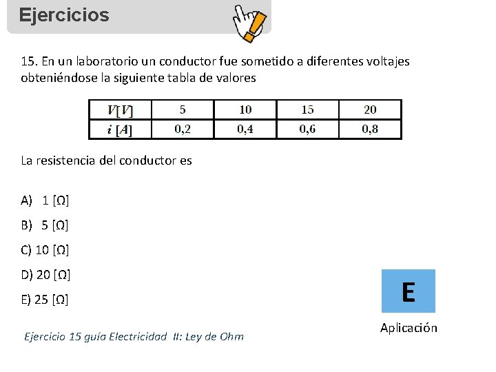 Ejercicios 15. En un laboratorio un conductor fue sometido a diferentes voltajes obteniéndose la