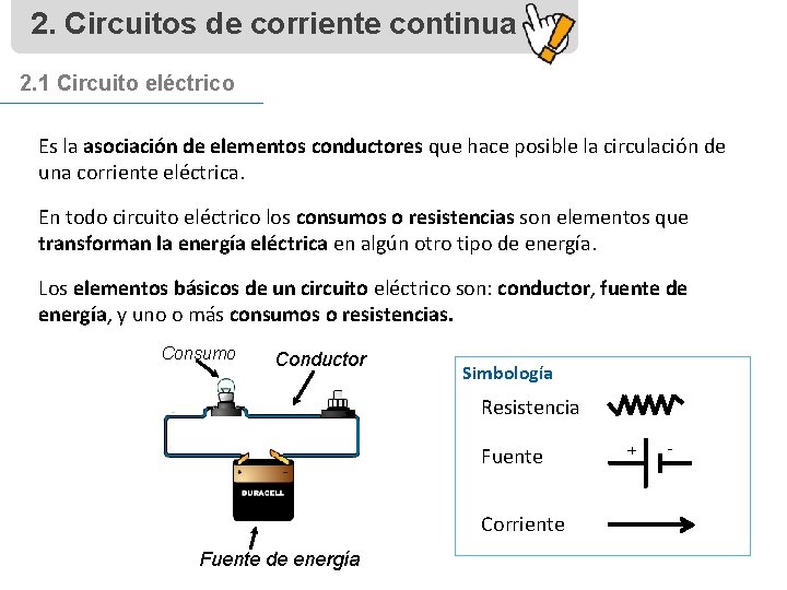 2. Circuitos de corriente continua 2. 1 Circuito eléctrico Es la asociación de elementos