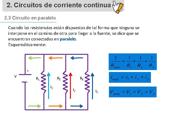 2. Circuitos de corriente continua 2. 3 Circuito en paralelo Cuando las resistencias están